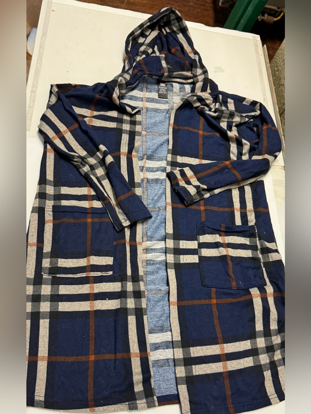 Lildy Women’s Hooded Plaid Long Coatigan - Navy & Cream print fall coat size S/M